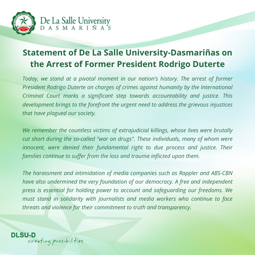DLSU-D Statement on the Arrest of Former Pres