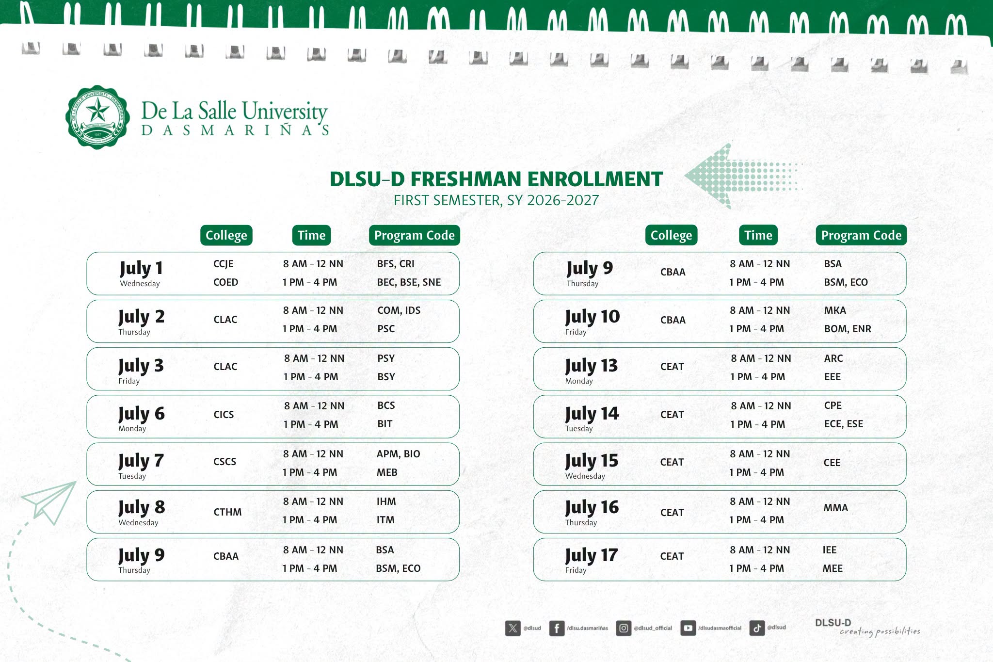FRESHMAN ENROLLMENT SCHEDULE 2026-2027