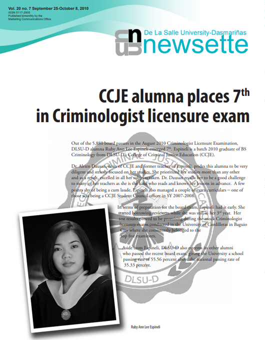 CCJE alumna places 7<sup>th</sup> in Criminologist licensure exam
