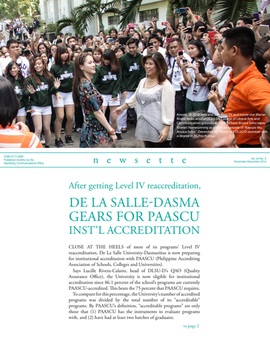 After getting Level IV reaccreditation, DE LA SALLE-DASMA GEARS FOR PAASCU INST’L ACCREDITATION
