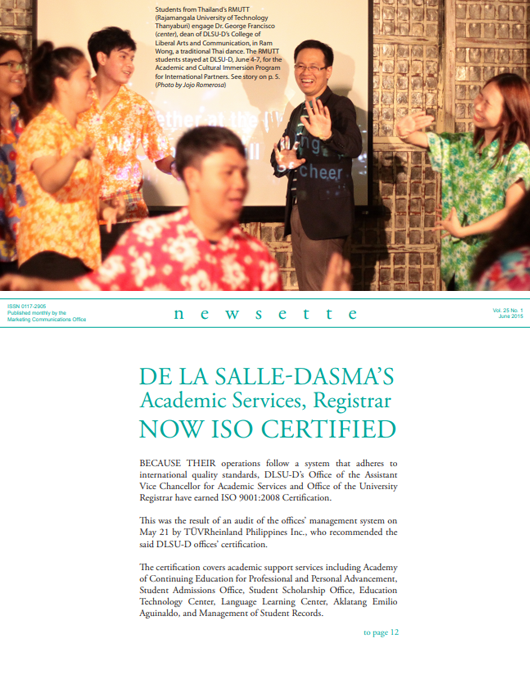 De La Salle-Dasma's Academic Services, Registrar NOW ISO CERTIFIED