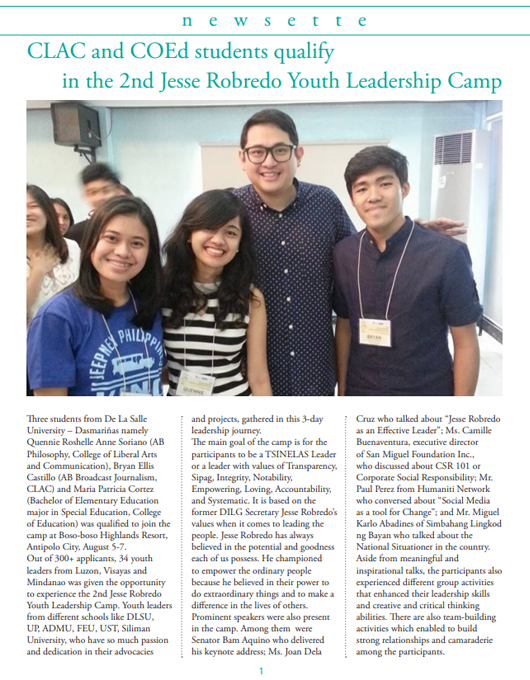 CLAC and COEd students qualify in the 2nd Jesse Robredo Youth Leadership Camp