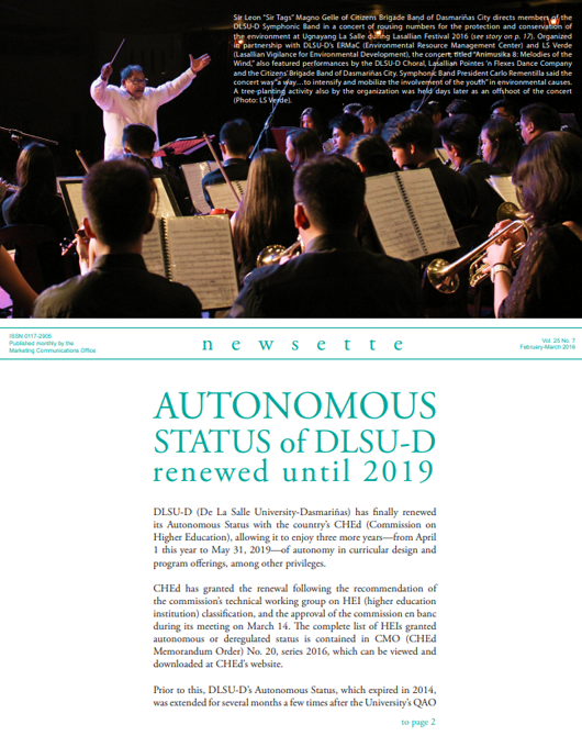 AUTONOMOUS STATUS of DLSU-D renewed until 2019